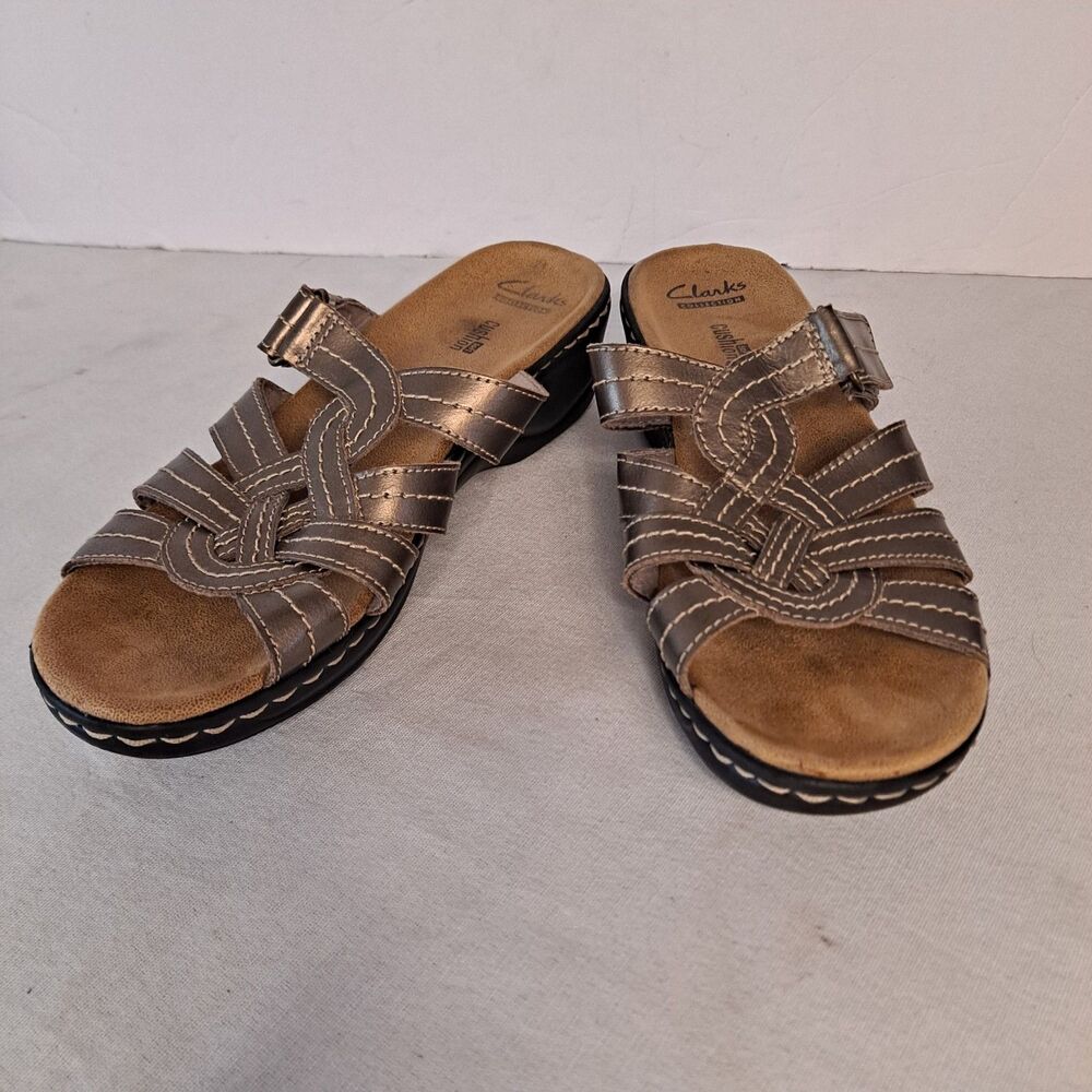 Clarks Lexi Wedge Sandals Womens Size 9 Metallic Pewter Leather Cushioned